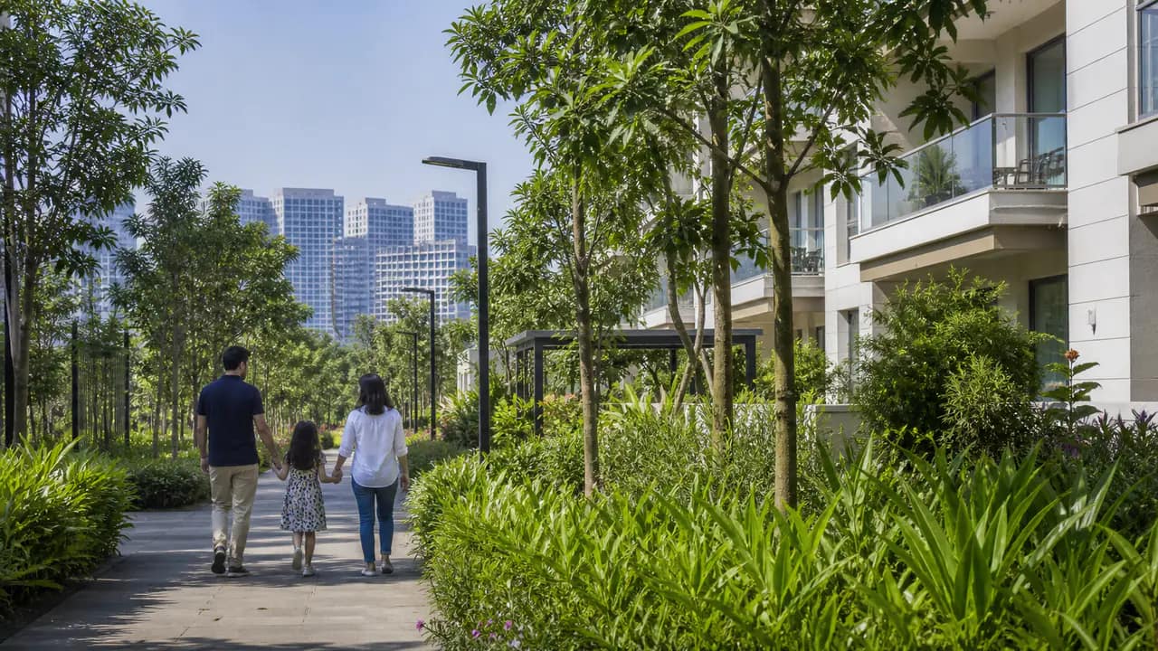 Family walking through a Bangalore residential community