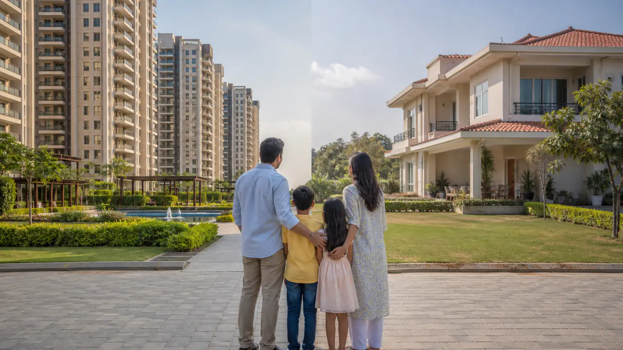 Family comparing a gated apartment community and suburban villa in India
