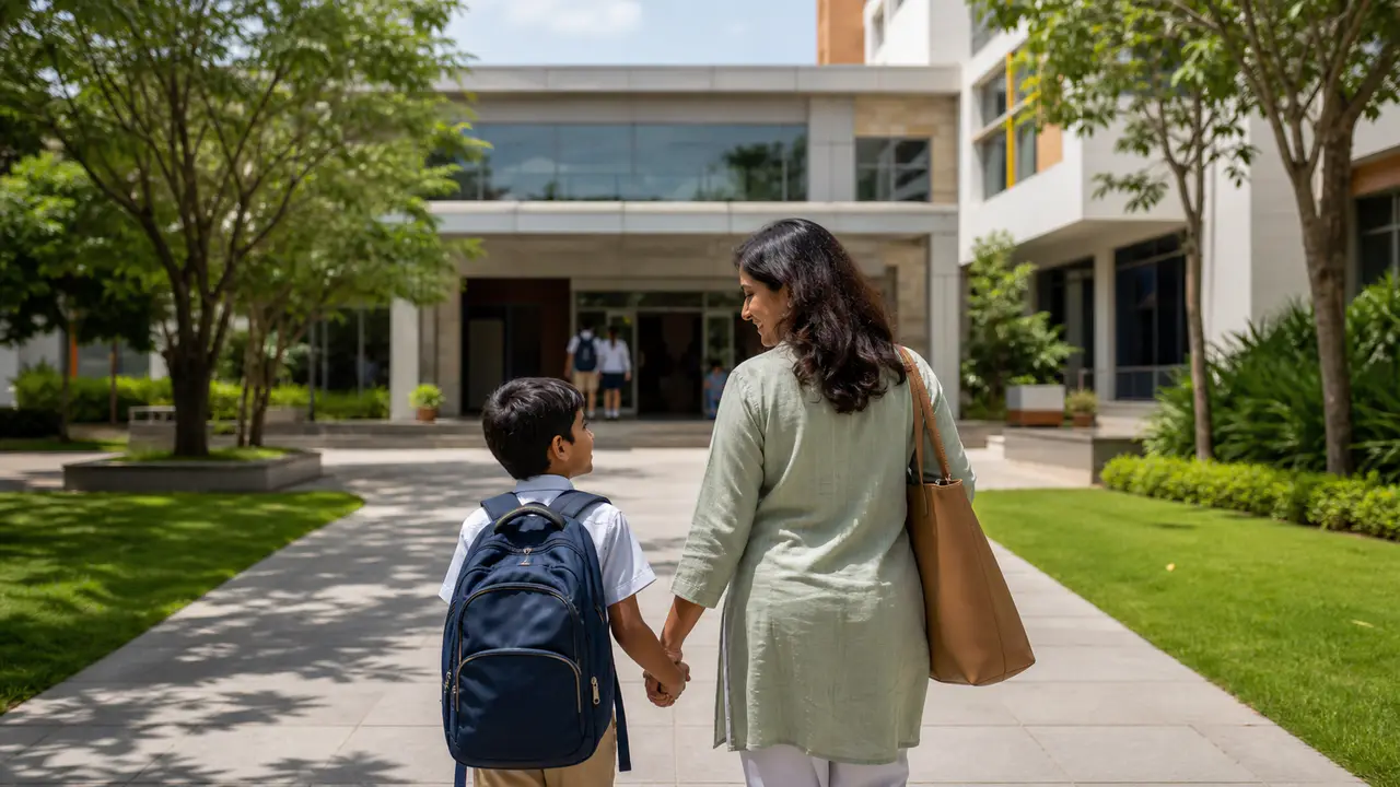 Parent and child arriving at an Indian international school